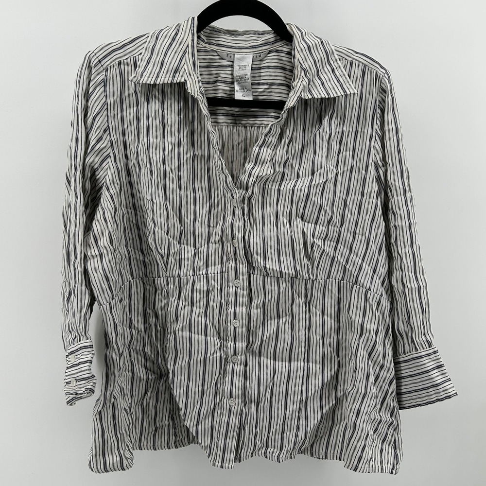 Fred David Stretch Button Up Top Gray White Striped Long Sleeve Women XL Office